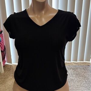 Women's Black V-Neck Short Sleeve Top with Shoulder Button Detail